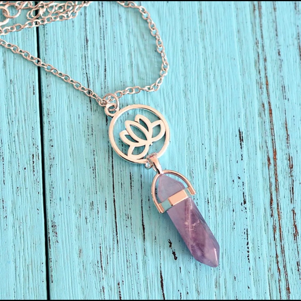 Amethyst Crystal Stone Lotus Flower Necklace